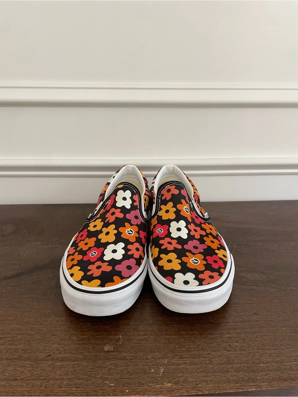 Vans Men’s Slip-On Floral Sneakers - Black with Pink & Orange Flowers - Picture 2 of 6